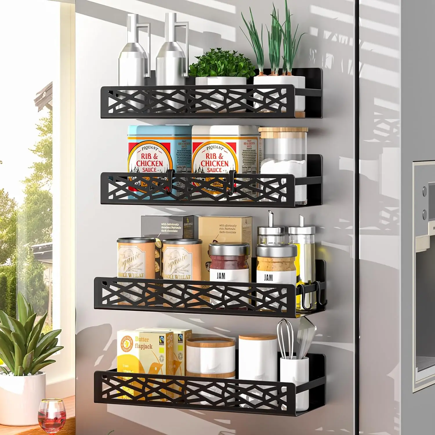 

Magnetic Spice Rack for Refrigerator, Heavy Duty Metal Organizer with 4 Hooks, Rustproof, 11LB Load Capacity, No Drilling