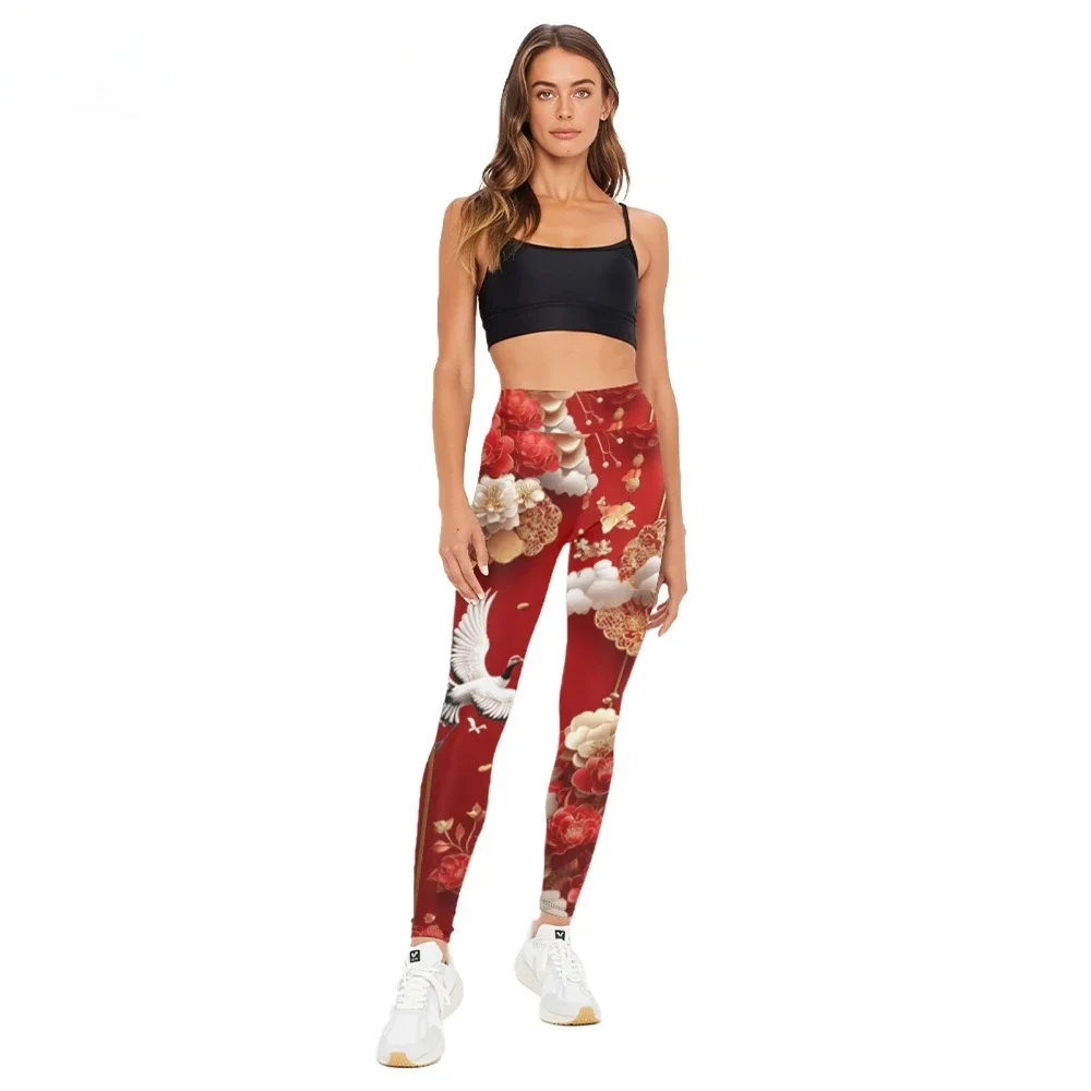 High Waist Yoga Pants Flowers White Cranes Printed Naked Feel All Season Leggings Slimming Workout Tights Trendy Fitness Bottoms