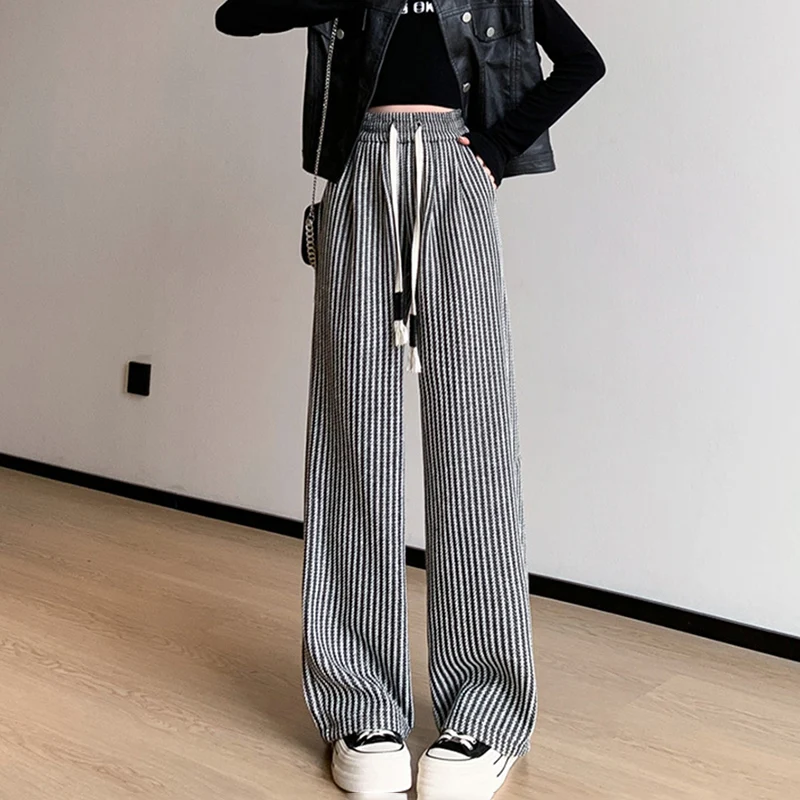 Korean Vintage Vertical Stripe Pants Women Harajuku Contrast Color Chic Design Straight Trousers Autumn Thicken Warm Woolen Pant