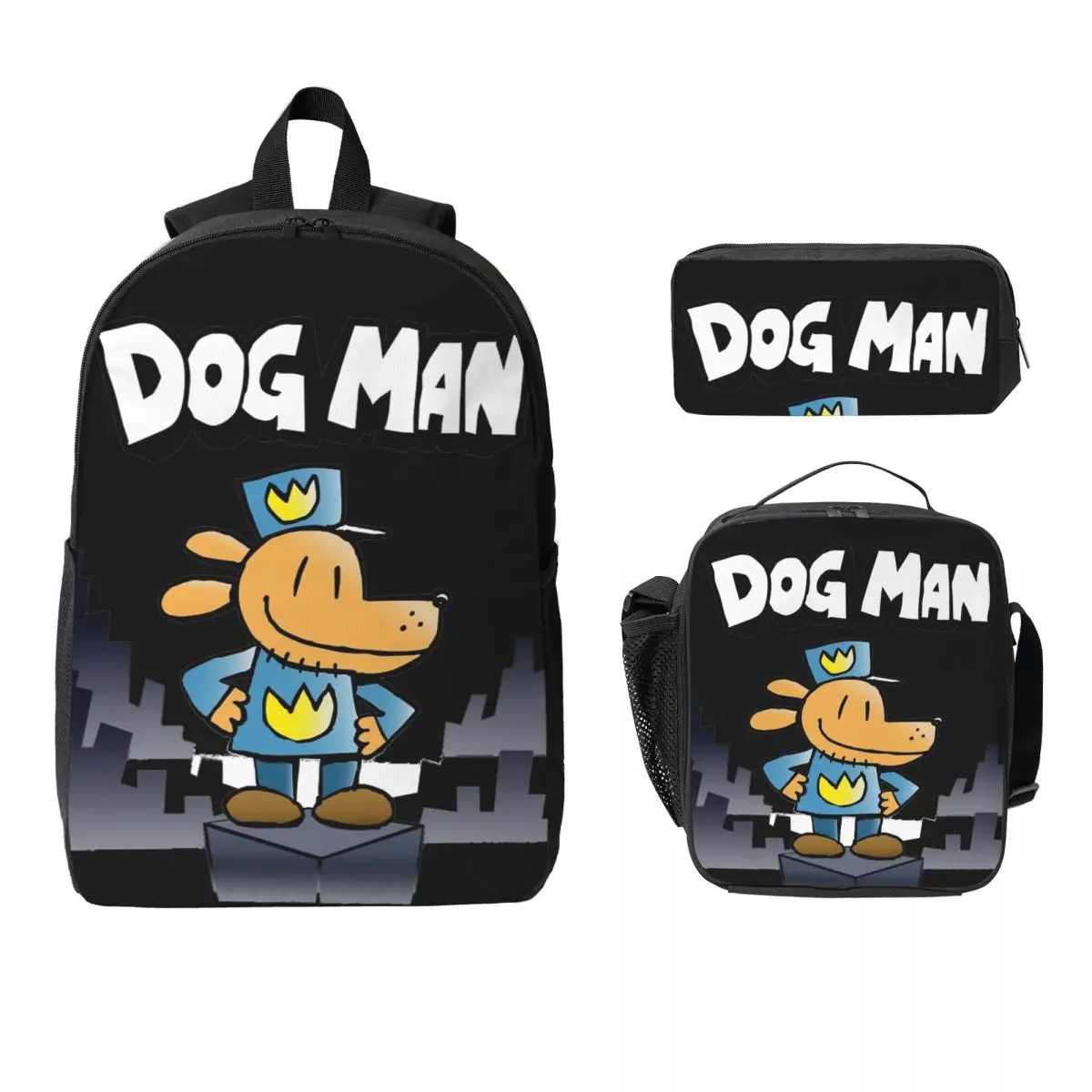 

3Pcs Dog Man Comic School bags Set for Children Doggy Cartoon Pen Bags Backpack Sets with Lunch Box For School Students Daypack