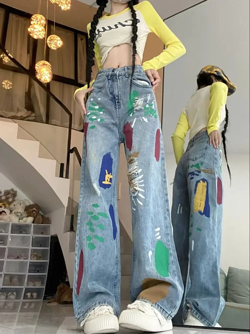 

Fashion Painted Jeans for Women Ripped Holes Denim Pants Spring Autumn High Waist Straight Loose Trousers Female Wide Leg Pants