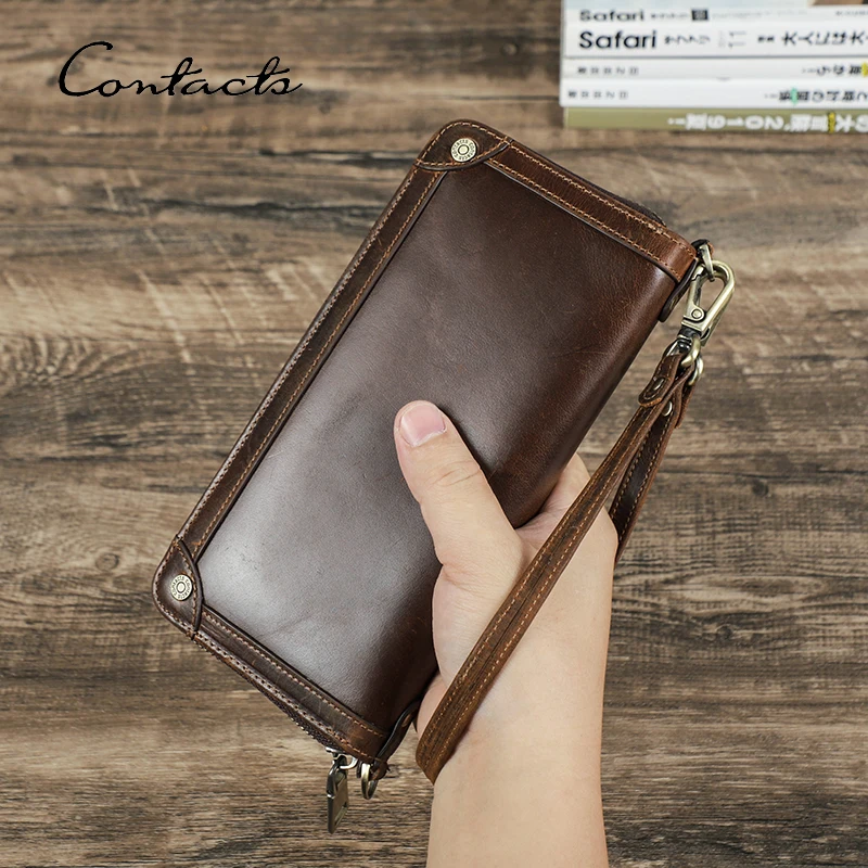 CONTACT'S Genuine Leather Clutch Wallets for Men Card Holders Phone Pocket Money Clip Male Handbags Bags Men Long Wallets Purses