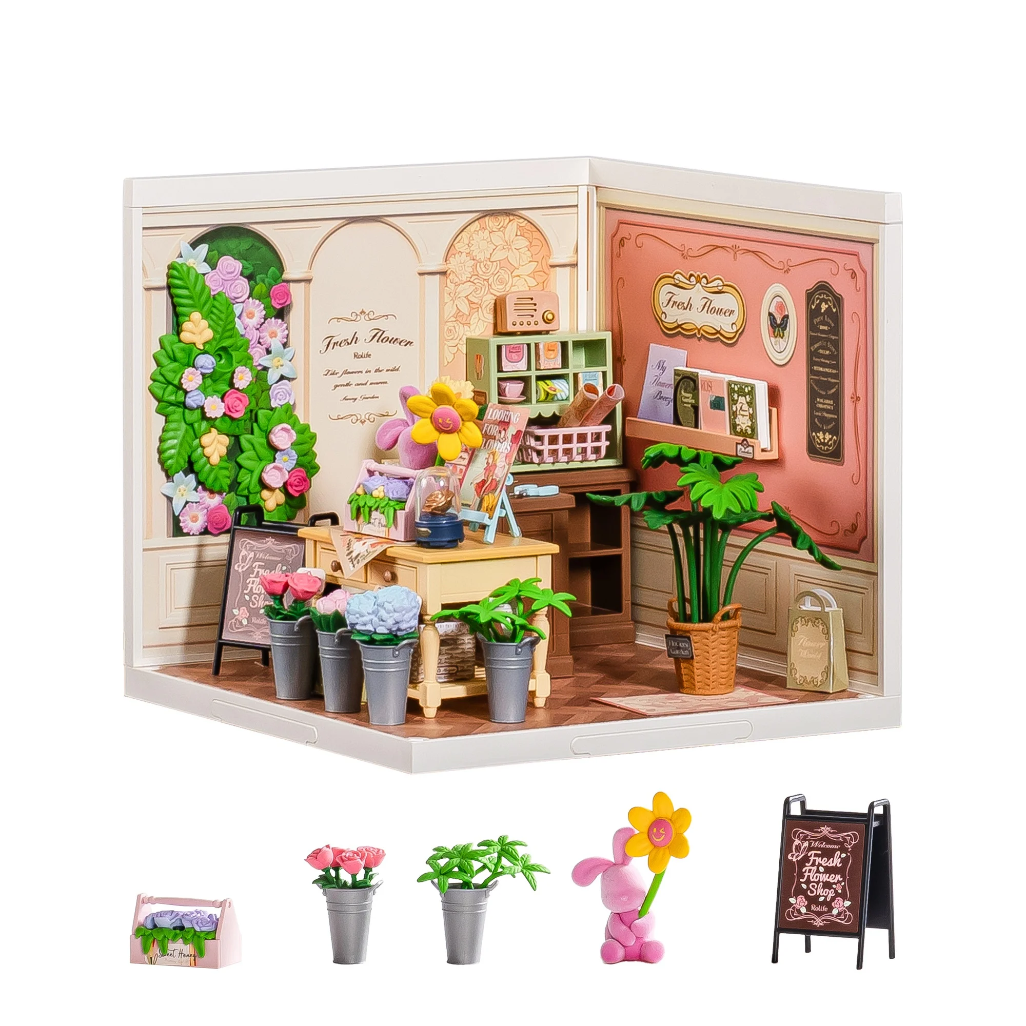 

Rolife DIY Miniature House Kit Fresh Flower Shop Super Creator Dollhouse 3D Puzzle Model Building Kit with LED for Desk Decor