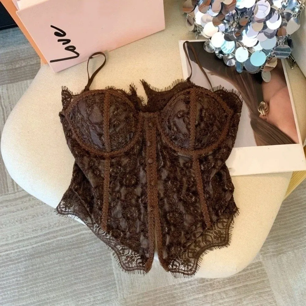 Elegant Transparent Lace Camisole Slim fit Fishbone Lace Corset Sleeveless Suspender Vest Ladies