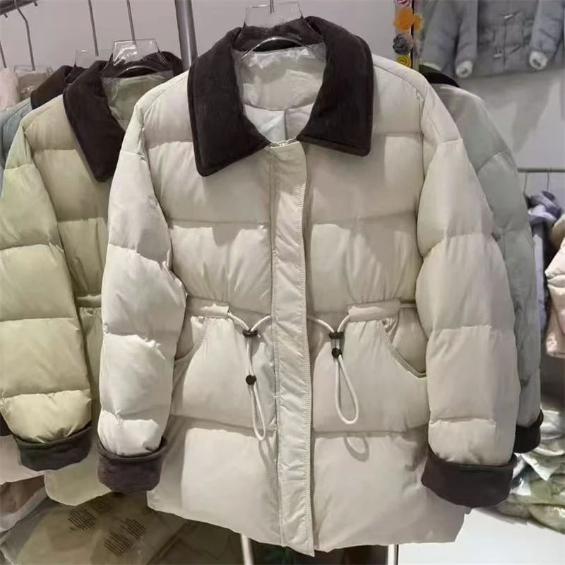 

2025 Winter New Women's Corduroy Contrast Splicing Waist DownJacket y2k High Quality Fashion Casual Loose CollarWindproof Jacket