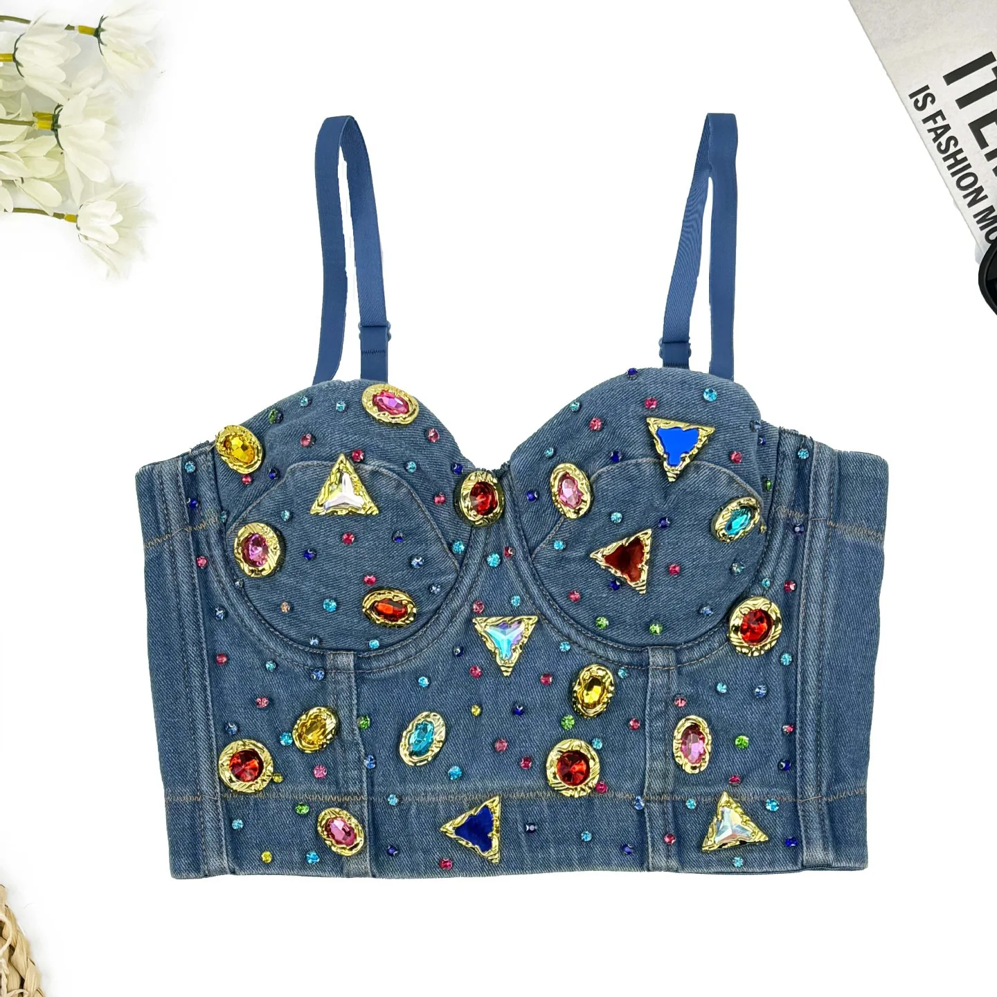 

customized women's adult sexy lingerie denim inner set gemstone inlaid bra sexy outerwear bra rock hip-hop performance suspender