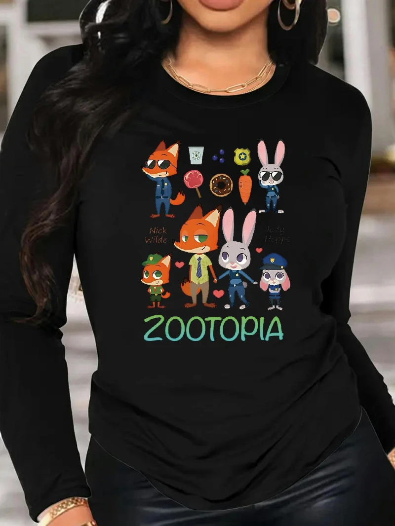 تي شيرت Potdemiel مقاس كبير للنساء برسومات Zootopia وأكمام طويلة ورقبة دائرية باللون الأسود مع شخصيات كرتونية ملونة من البوليستر الناعم