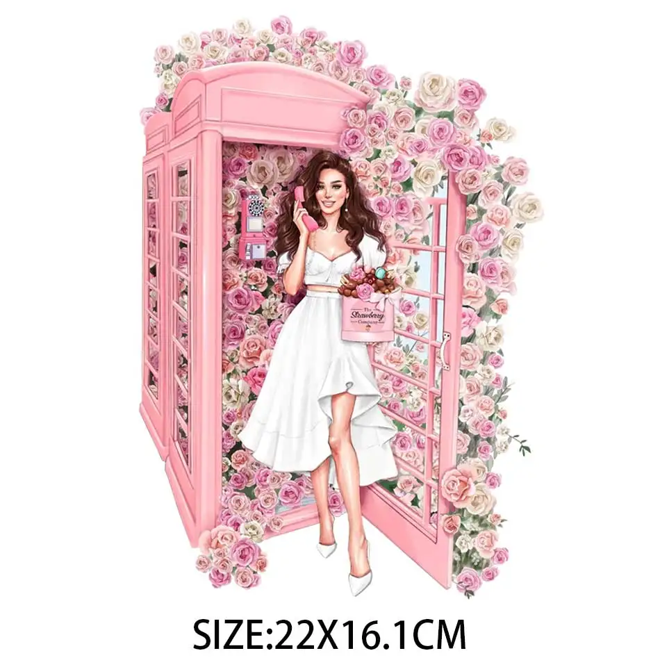 Flowers Phone Booth Iron-On Transfer For Clothing DIY A-Level Washable T-Shirts Thermal Stickers Beautiful Girl Patches Applique