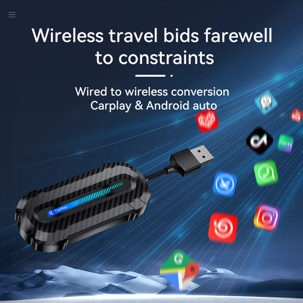 

New Apple Carplay Car AI Box Android Auto Adapter Machine Interconnection Wired To Wireless Box Plug and Play Dongle LED Light