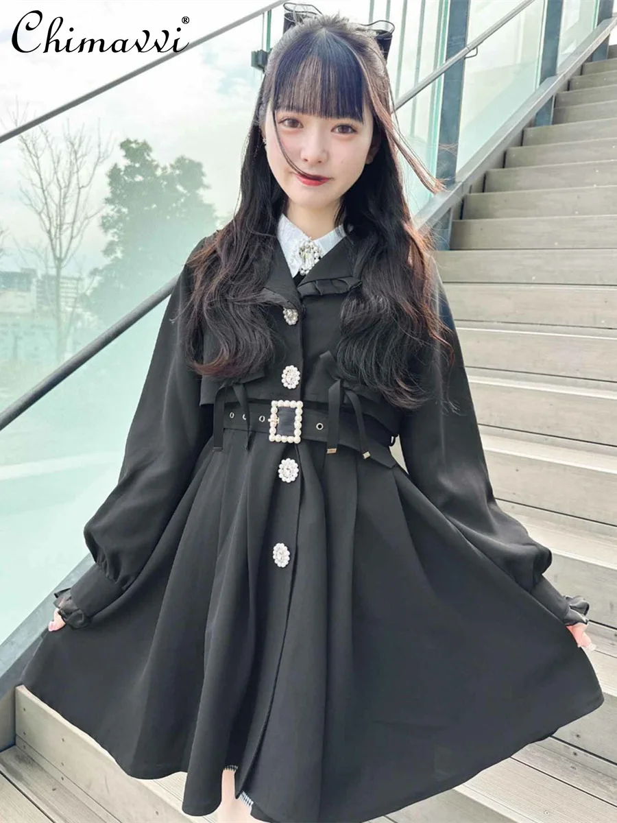 Japanese Rojita Clothes Autumn Rhinestone Belt Lace-up Mine Mass-Produced Trench Coat Dress Women's Waist Slim Long Coat Female