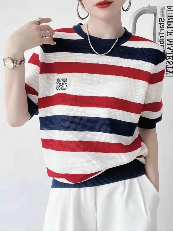 

Летняя модная женская футболка из ледяного шелка в полоску, вязаная, с коротким рукавом, прямого кроя, в корейском стиле
