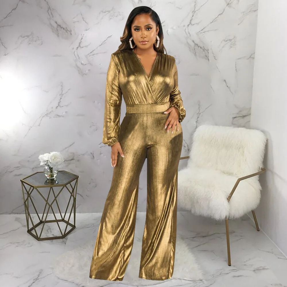 Baju monyet wanita seksi, Jumpsuit perunggu emas lengan panjang leher V, Jumpsuit wanita satu potong, pakaian klub malam