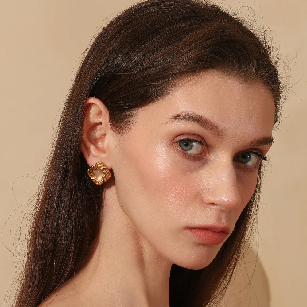E.B.belle New Vintage Style Square Cat Eye Stone Stud Earring 18K Gold Plated Stainless Steel Fashion Women Chic Jewelry