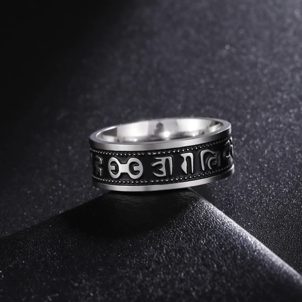 COOLTIME Tibetan Om Mani Padme Hum Six Character Proverbs Rings Stainless Steel Rings for Men Women Buddhist Amulet Jewelry