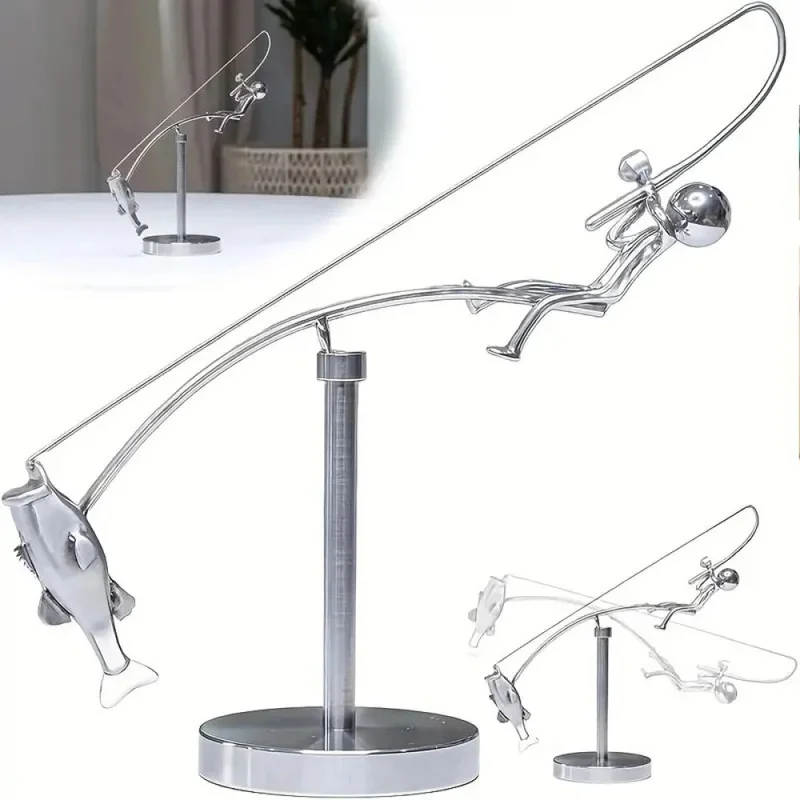 The Fisherman Balancing Sculpture Polished Stainless Steel Fisherman Balancing Handicraft Ornament Desktop Craft Decoration