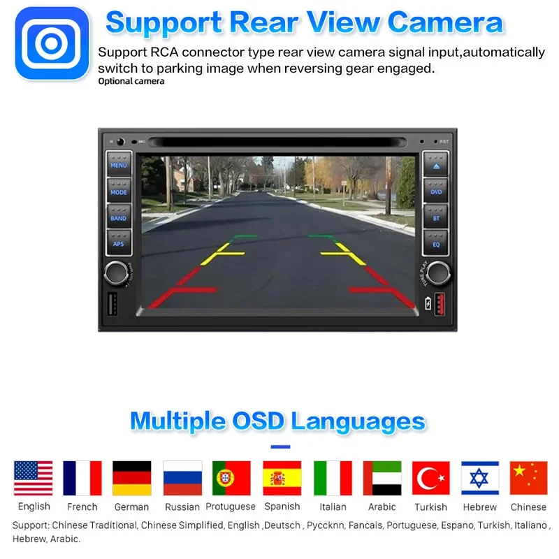 

DVD-плеер Слот для SD-карты FM-радио Универсальное воспроизведение мультимедиа Проводное/беспроводное подключение USB-вход Bluetooth Автомобильная стереосистема