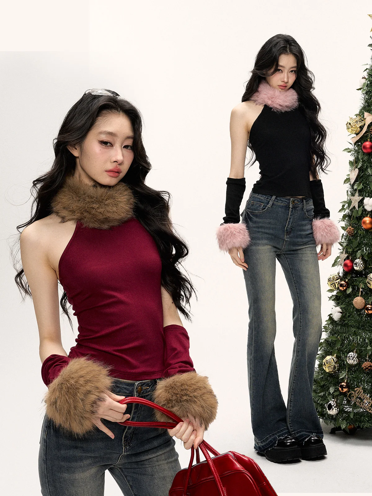 

Spicy Girl Cisas New Year Wine Red Bla Color Blo Fur Collar Slim Fit Vest with Sve Covers 24 Olvides Women's Faion