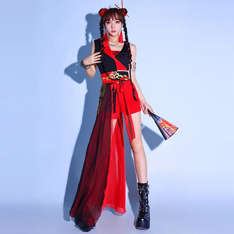 

Chinese Style Red National Dance Clothes Women Kpop Stage Outfit Jazz Ancient Swordswoman Halloween Cosplay Costume Adult Party