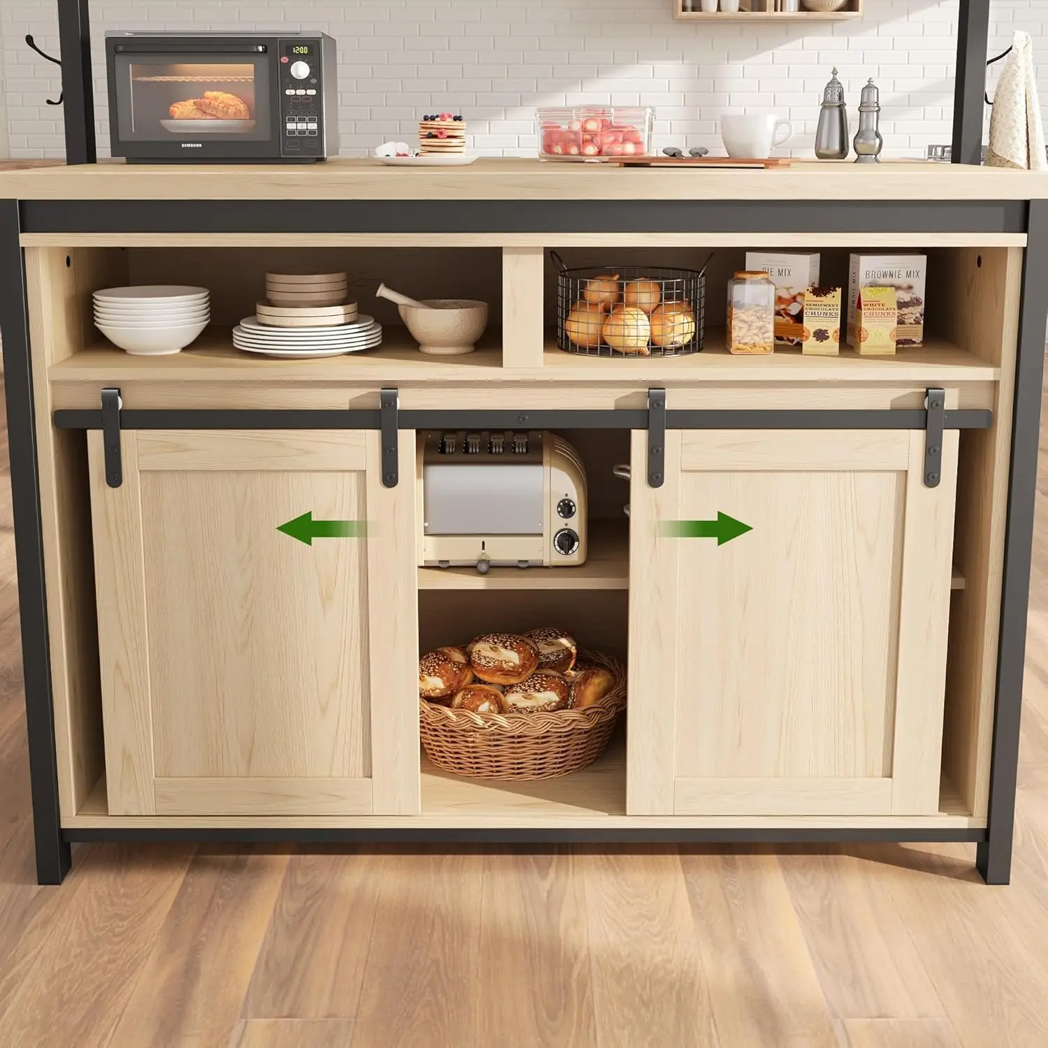 72 inch Tall Kitchen Island with Storage, Bakers Rack with Sliding Barn Door and Power Outlet, Table Island Kitchen Cabinet