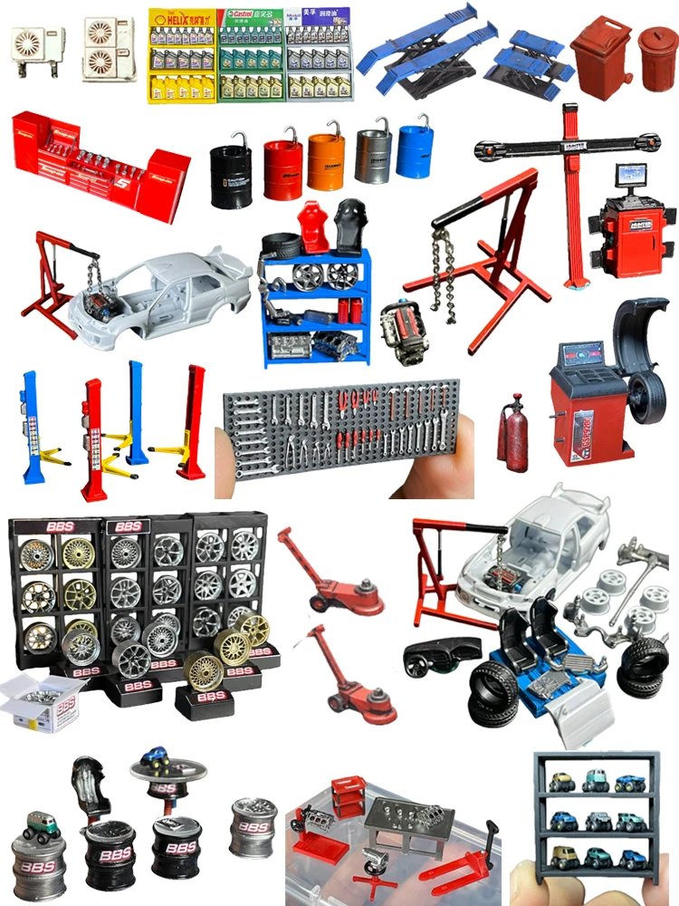 

1:64 Car Engine Hanger, Tire Dynamic Balancing Machine, Oil Drum, Crane model，Auto Repair Tool Model Scene Accessories