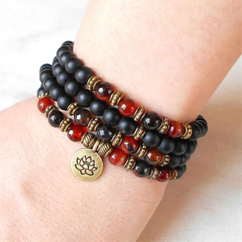 8mm 108 Black Onyx Buddha beads Lotus Pendant Bracelet Charm Handmade Trendy Bodhi Unisex Chain Sacred Men's Prayer