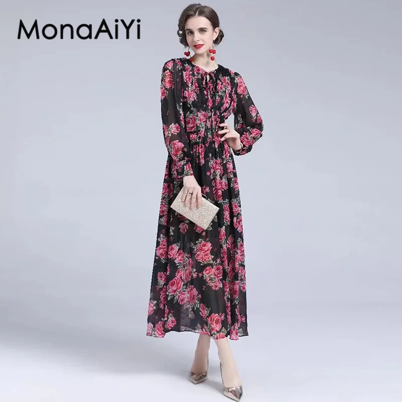 MonaAiYi-Robe à lacets pour femmes, col rond, style bohème, vintage, imprimé, grande balançoire, été