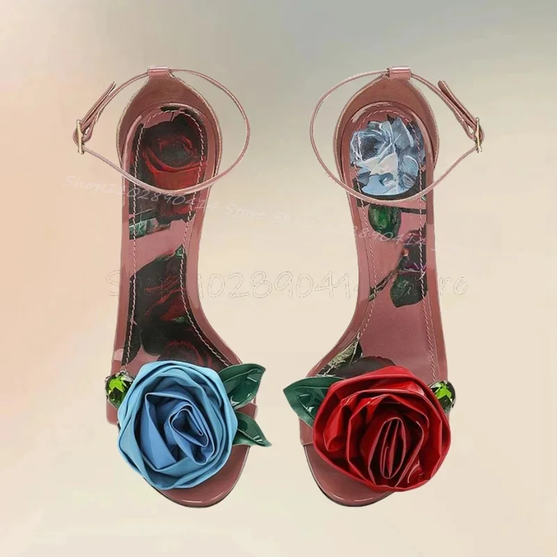 Rose Appliques Decor Floral Print Party Sandals Ankle Buckle Strap Women Shoes Thin High Heels Open Toe 2025 Zapatos Para Mujere