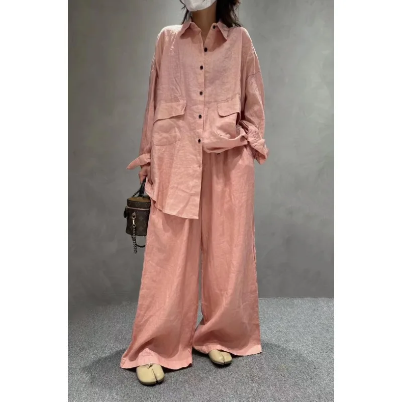 SuperAen 2024 Summer New Women\'s Lapel Shirt Long Sleeved Loose Linen Casual Vintage Wide Leg Pants Fashion Sets