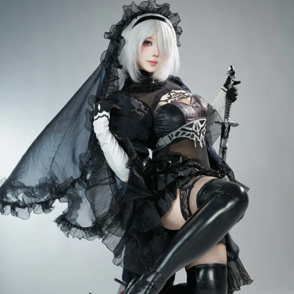 Game YoRHa 2B Black Wedding Dress Cosplay Costume Set Full Outfit Wig Adult Women Halloween Carnival Comic Con Outfit