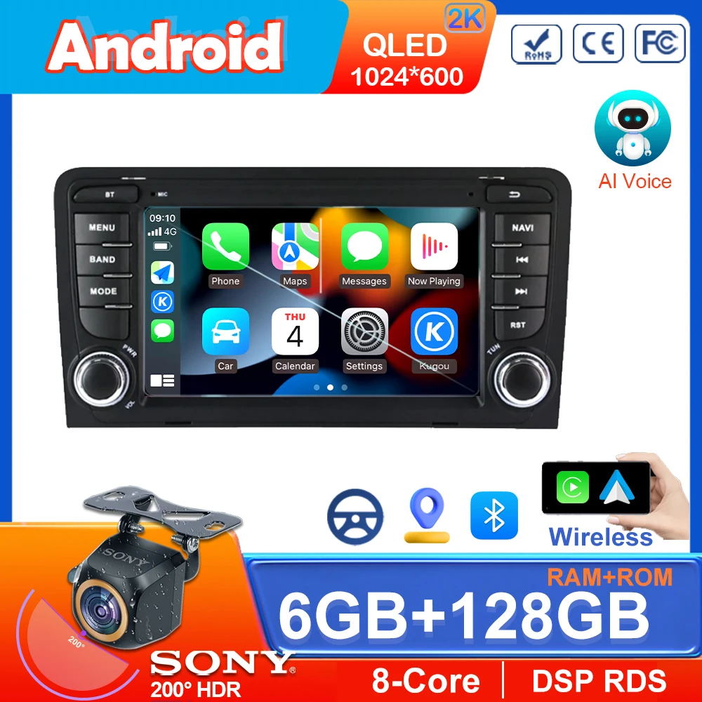 

Автомобильный dvd-плеер Android для Audi A3 2003-2011 8P S3 RS3 Sportback Carplay, автомобильное радио, стерео, мультимедийный плеер, GPS-навигация, стандартная Wi-Fi BT