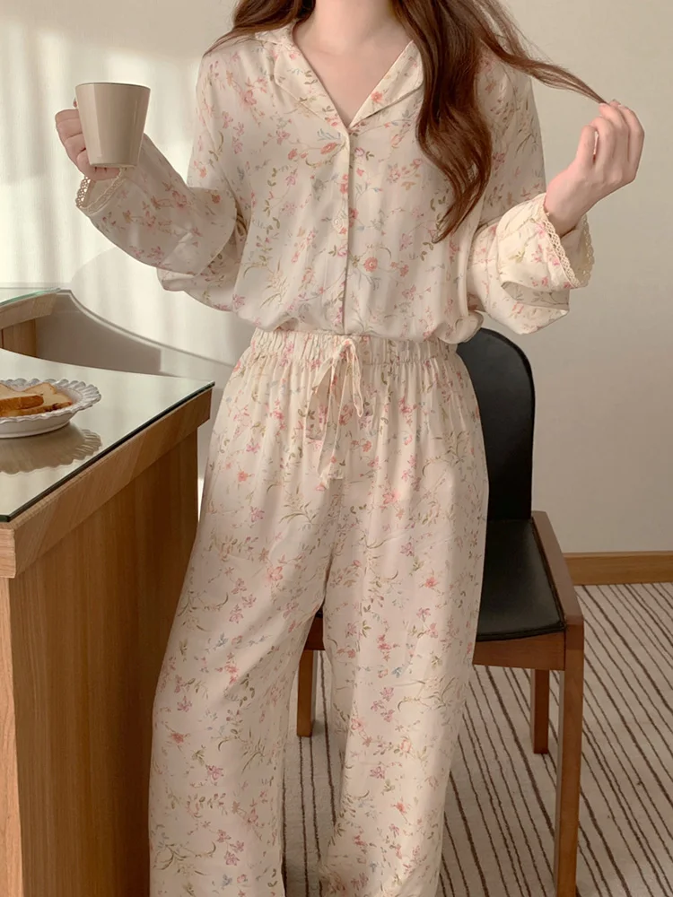 Sweet Print Flowers Korean Style Soft Floral Autumn Long Sleeve Pajama Set Women Loose Elegant Casual Comfortable Sleepwear Ins