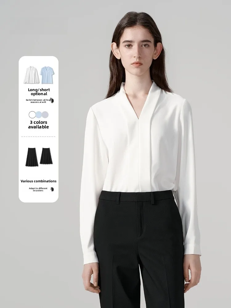 

LeLenth White V-Ne Chiffon Long Sve irt Women's Dra Slimming Interview Profional irt Set Commute Sle Straig...