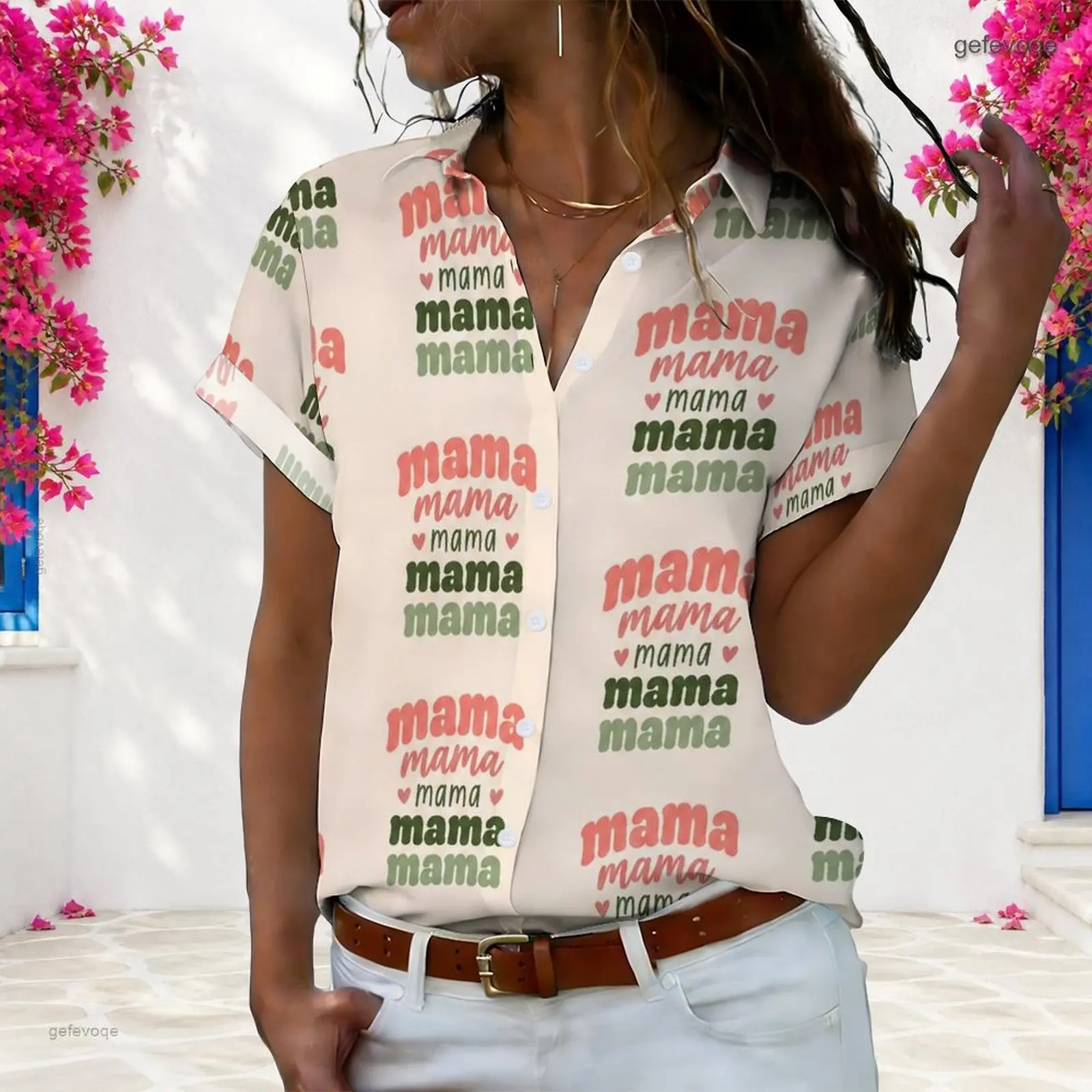 Women Short Sleeve Collared Button Front Shirt, All Over Mama Text and Small Heart Print