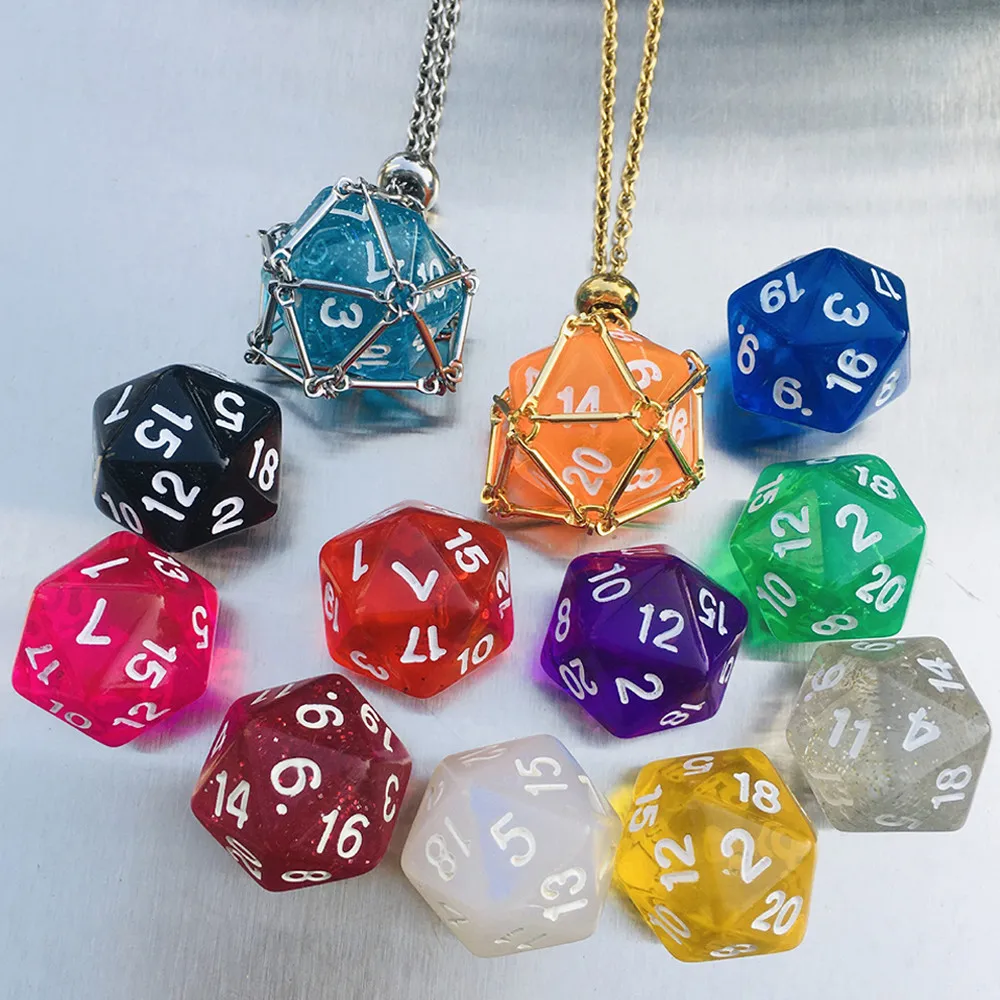 Necklace 12/ Color Acrylic 20D Dice Metal Net Cage Interchangeable Pendant Dice Necklace Accessories Board Game Lovers Gift