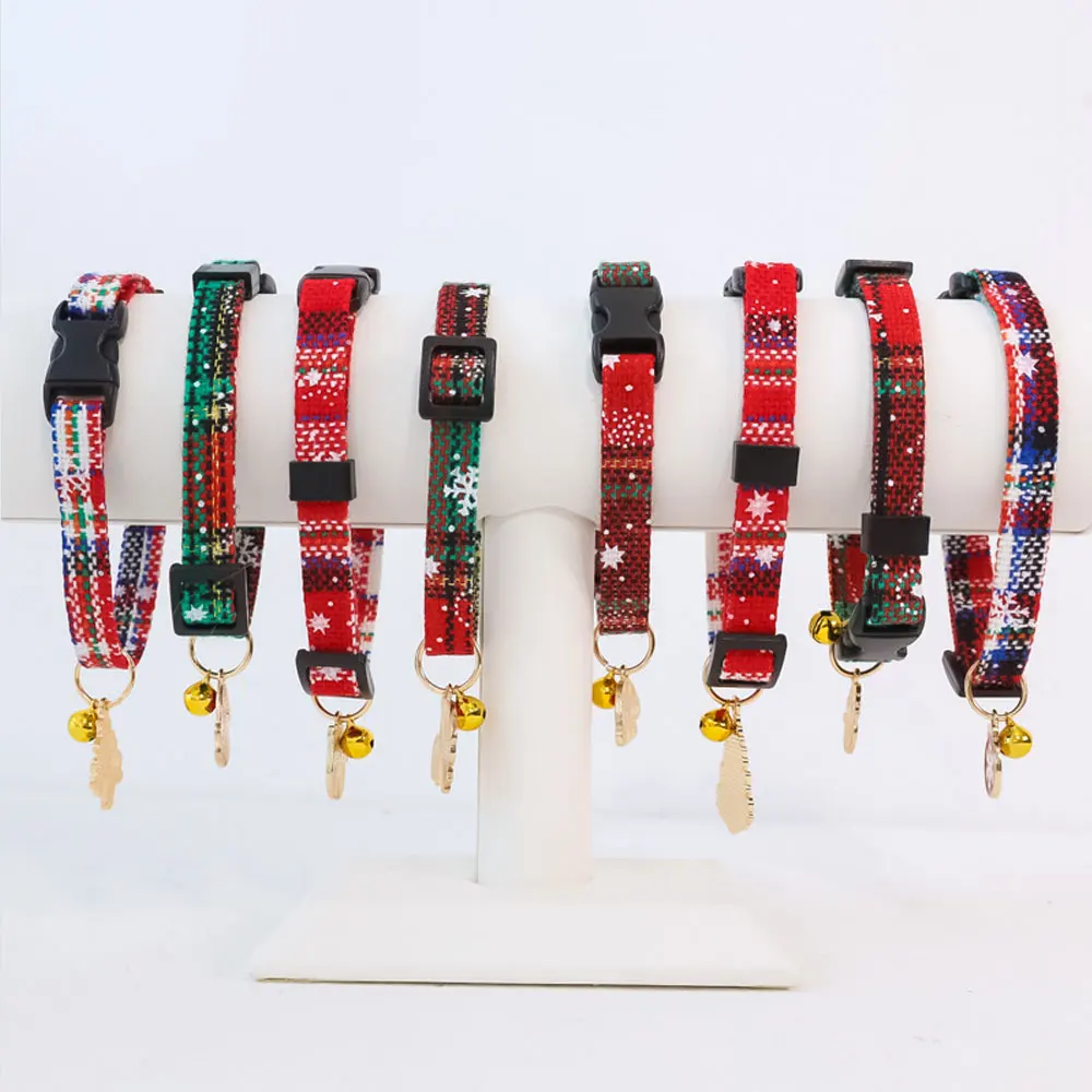 Christmas Cat Collar with Bell Christmas Tree Santa Claus Plaid Safety Breakaway Christmas Collars for Puppy Cat Kitten Accessor