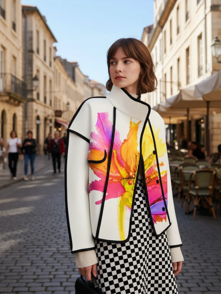 

2025 Autumn Women's Stylish Jackets Floral Printed Split-joint Stand Collar Long Sleeves Loose Coat Buttoned Casual Outerwears