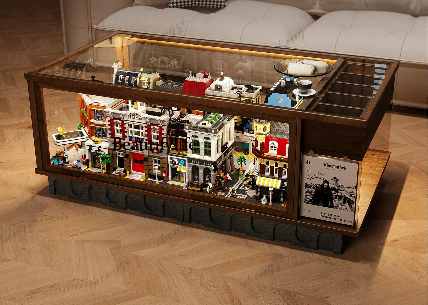 Universal transparent display box, light and dust-proof storage box, large-capacity solid wood coffee table