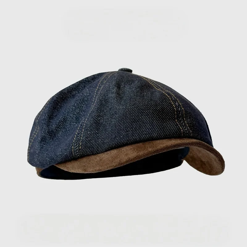 Men's and Women's Fashion Stitching Denim Newsboy Cap Washed Old Retro Beret Octagonal Cap Artistic Leisure Painter Cap