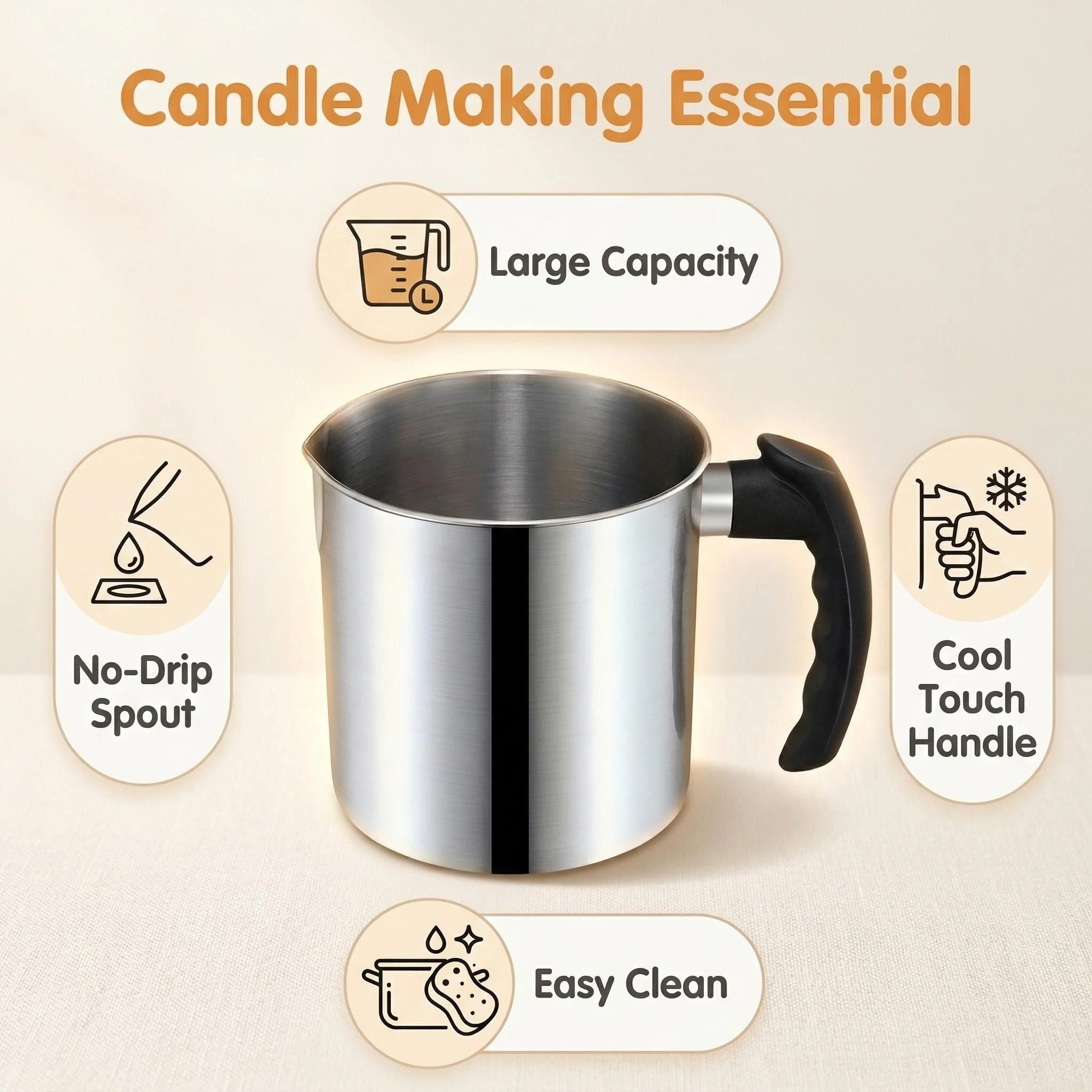 Jarra de acero inoxidable de 1.2L y 1.8L para derretir cera con mango resistente al calor para fabricación de velas, con boquilla antiderrame