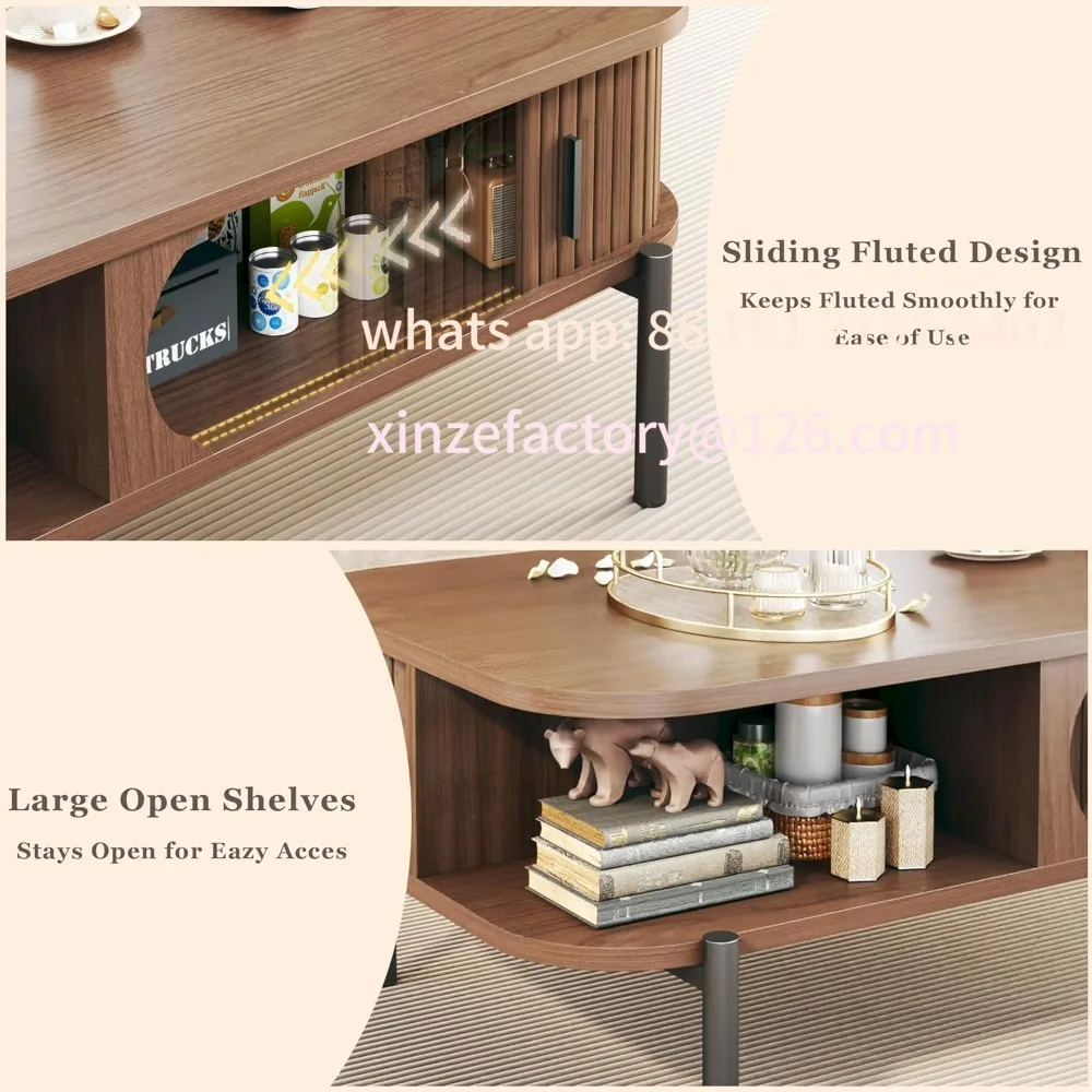 Customizable Coffee Table,  Mid Century Modern , Coffee Table with Storage Open Shelf, Fluted Table with Sliding Cabinet Door