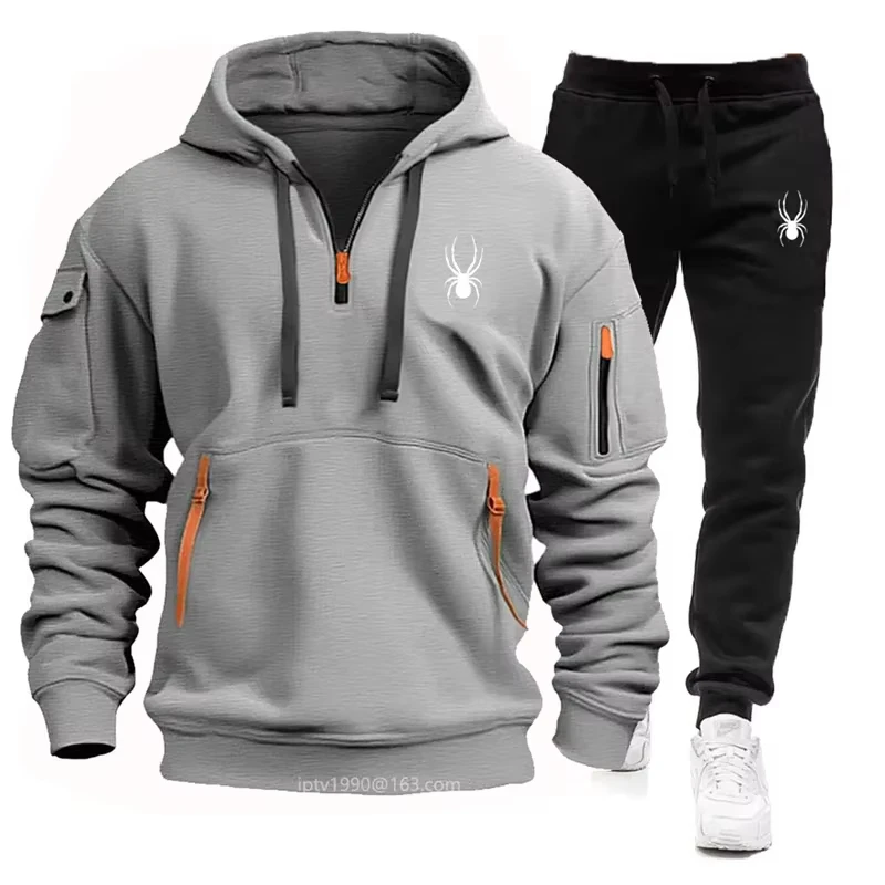 

Men's hot selling high-end multi pocket zipper hooded jogging casual hooded sports set 2025 autumn and winter new item