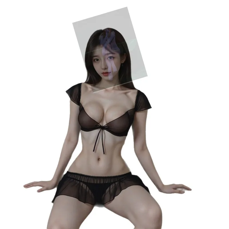 Sexy damesondergoed, sexy mesh transparante splitbretels, tweedelige set, hete tule plagen perspectiefset