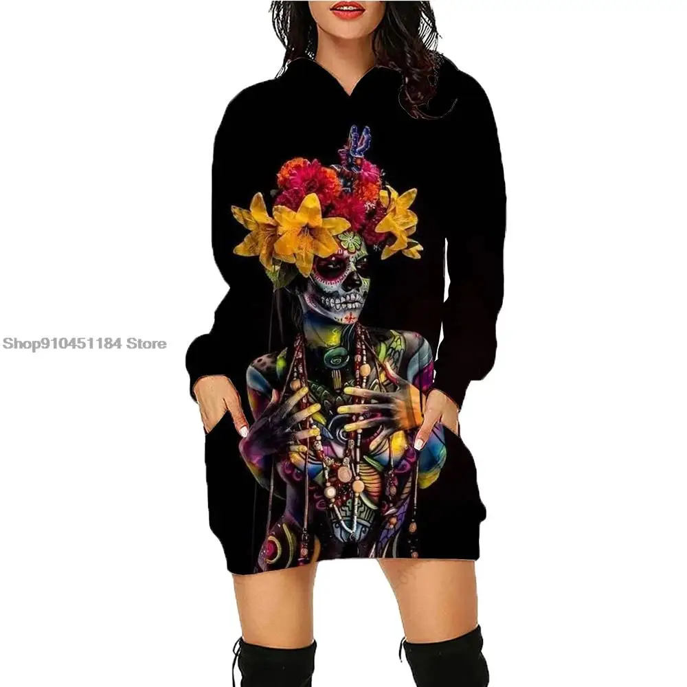 3D Print Skull Pattern Women Long Sleeve Pullovers Fashion Medium Length Hoodie Winter Casual Comfortable Womens Hooded Dress