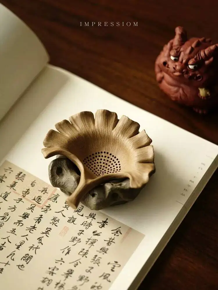 Brewing Tool: Sansheng Youxing (Three Lives Of Apricot Blossom) Ginkgo Strainer And Tea Tray, Yixing Purple Clay, Duan Ni (Clay)