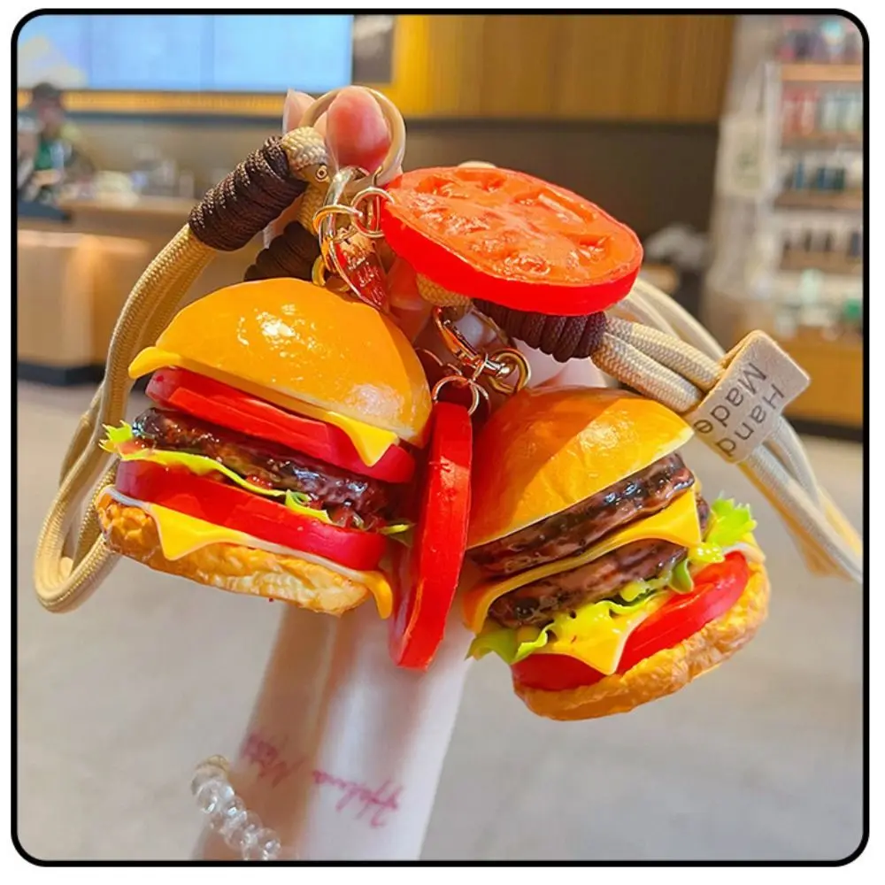 Realistic Hamburger Squishy Keychain PVC 3D Simulation Hamburger Keyring Cartoon Double-layer Beef Hamburger