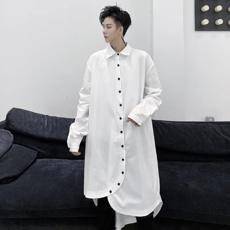 Spring New Men's Hair Stylist Shirts Personality Multiple Button Irregularity Oversize Long Shirt Lapel Male Clothes Hombre Coat