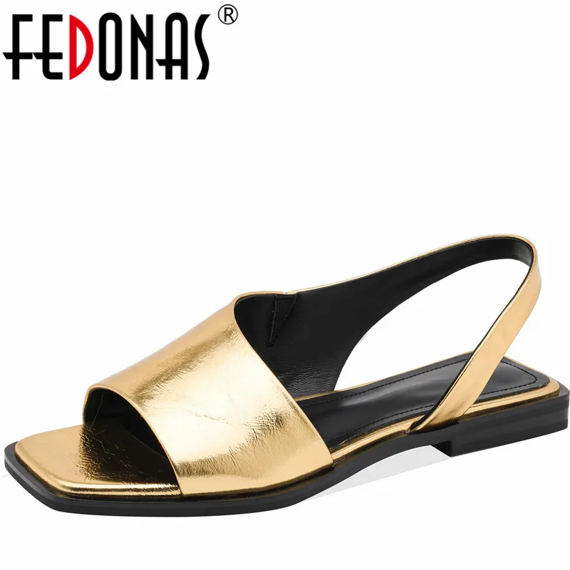 FEDONAS Retro Low Heels Women Sandals Summer Genuine Leather Fashion Peep Toe Pumps Casual Office Working Shoes Woman Basic 2024