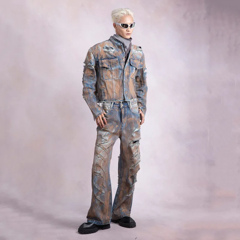 HKSH Autumn Winter New Men\'s Tide Vintage Denim Jackets Niche High Sense Waste Land Torn Washed Chic Jeans Streetwear Y2K HK2284
