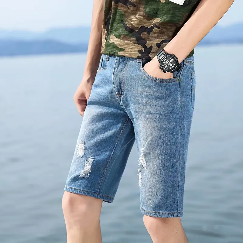 New Summer Men\'s Personalized Washable Perforated Denim Short Pants Male Casual Straight Short Jeans