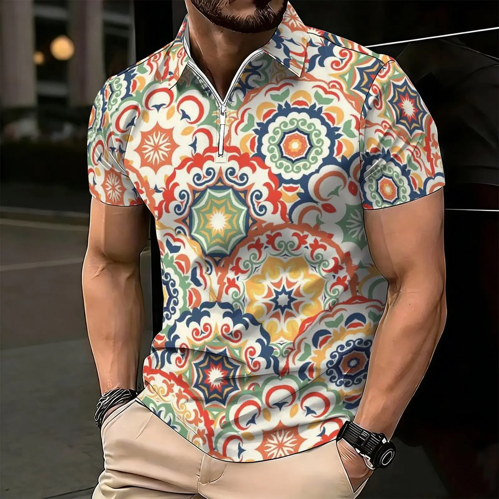 Men Print Half Zip Polo Shirt Short Sleeve Lapel Collar Casual Summer Mens Daily Tops